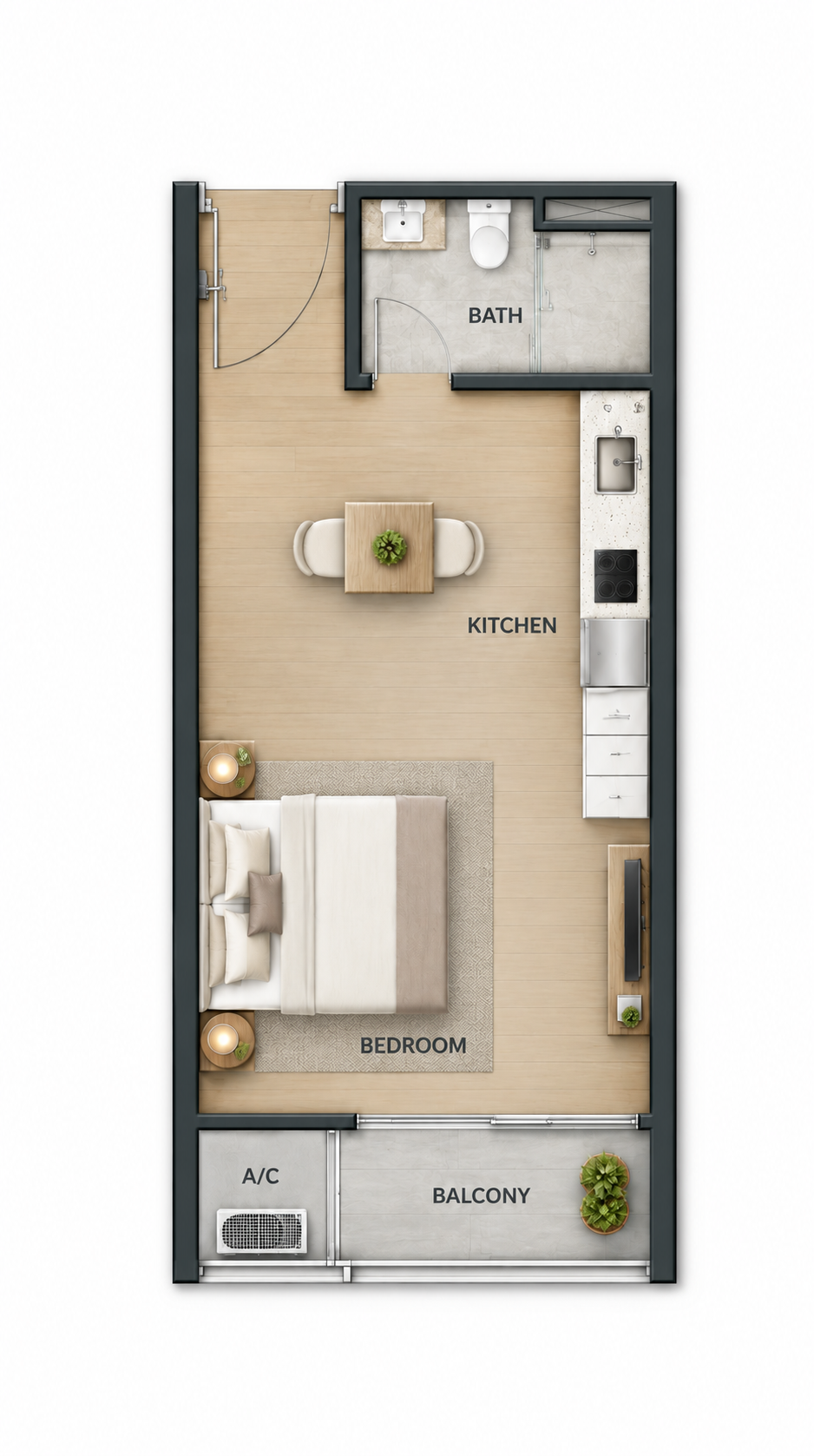 Type A — 432 sq ft furnished studio floor plan