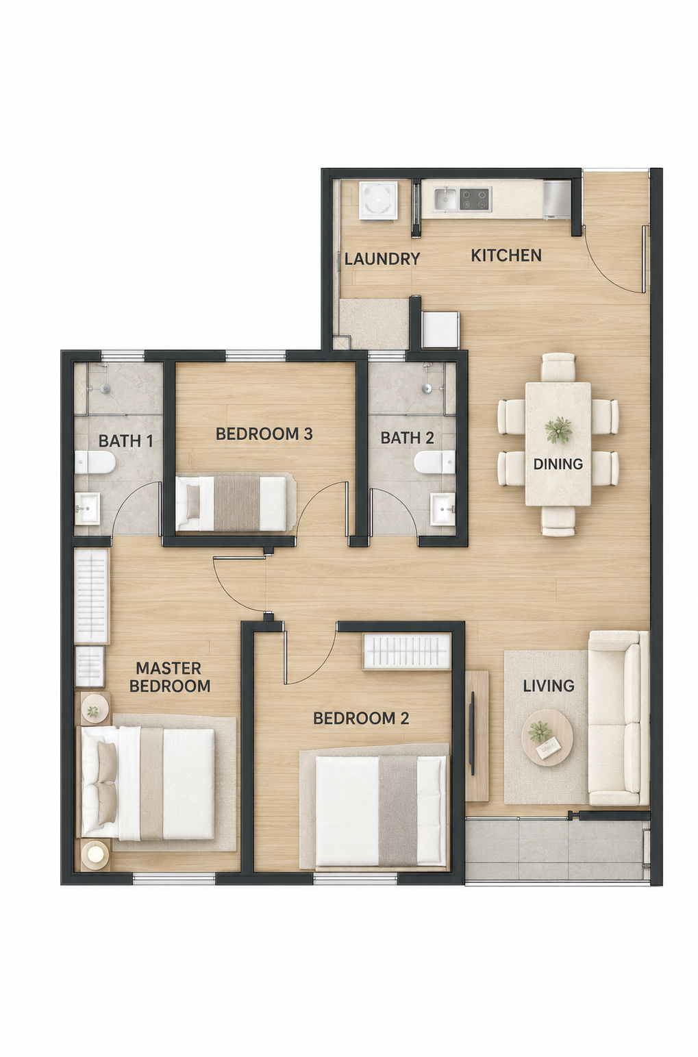 Type D furnished three-bedroom floor plan