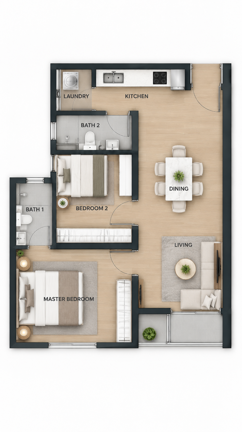 Type C furnished two-bedroom floor plan